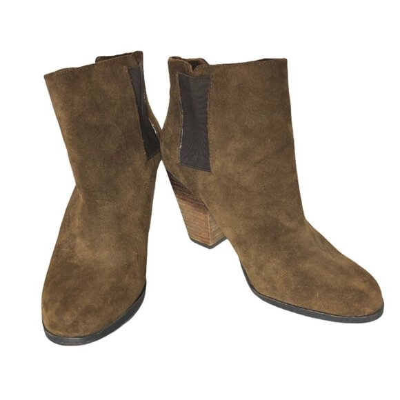 Vince Camuto Ankle Boots Womens 7.5 B Brown Leather Suede VP Hessa Chunky Heel P - Picture 2 of 12